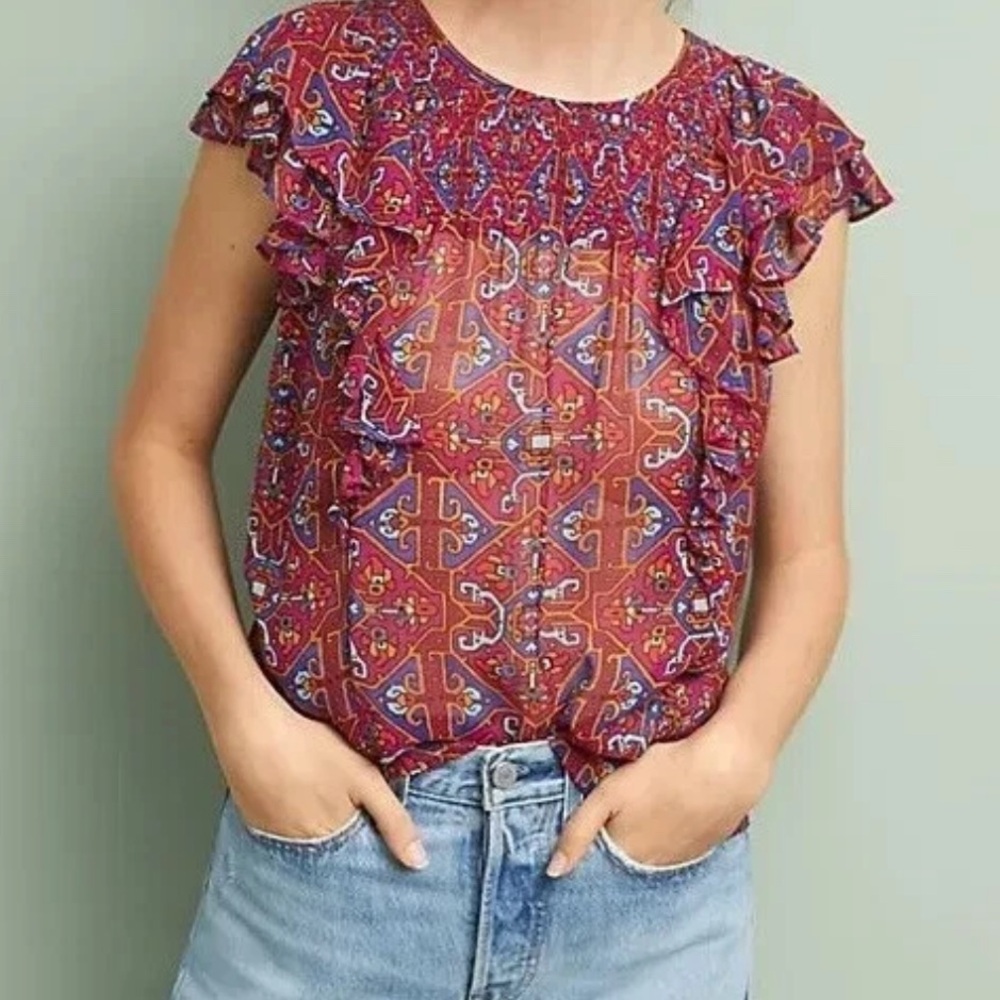 Anthropologie Meadow Rue Burgundy Multi Print Majolica Flutter Sleeve Top Sz 8